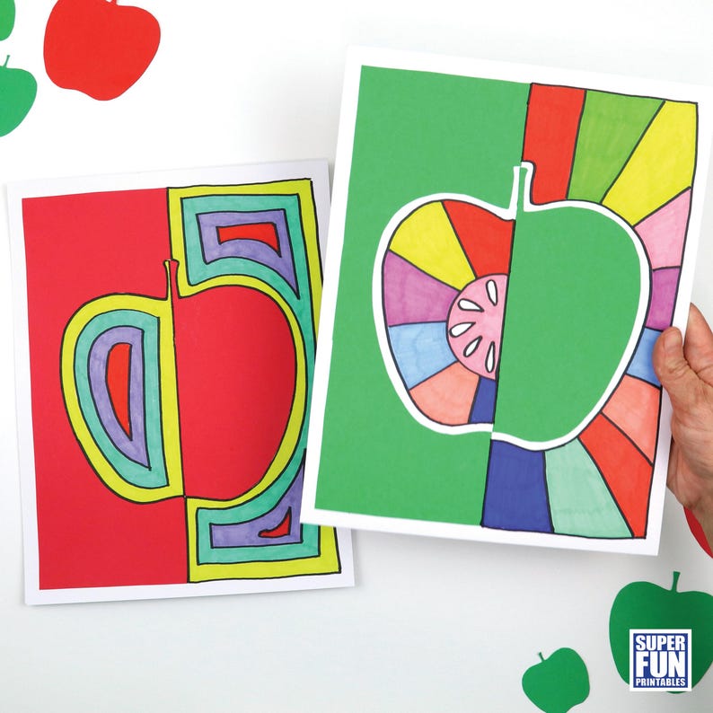 May include: Two printable apple craft templates. The first template is a red apple with a yellow outline and a purple and green interior. The second template is a green apple with a rainbow interior and a red and yellow outline. Both templates are on white paper.