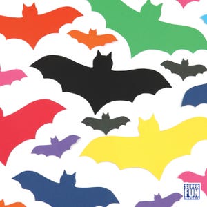 May include: A collection of colorful paper bats in various sizes. The bats are cut out of paper and arranged in a random pattern on a white background. The bats are in shades of red, orange, yellow, green, blue, purple, and black.