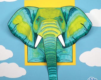 May include: A paper craft elephant head in shades of green and teal with white tusks, positioned against a yellow rectangular frame on a light blue background with white paper clouds and the text The Craft Train in the bottom right corner.