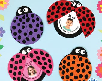 May include: Four colorful ladybug-shaped Mother's Day cards. The ladybugs are purple, red, pink, and orange with black spots. Each card has a photo and the text "Happy Mother's Day From Your Little Bug". The Craft Train logo is in the bottom right.