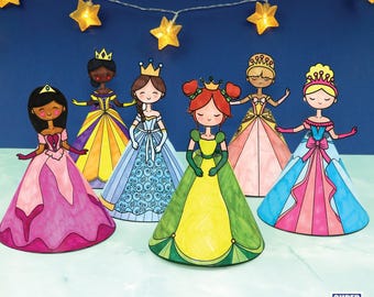 May include: Six colorful paper princess dolls with various gowns and crowns. The princesses are arranged in a semi-circle against a dark blue background, with a string of star-shaped lights above. The words "SUPER FUN PRINTABLES" are in the bottom right corner.