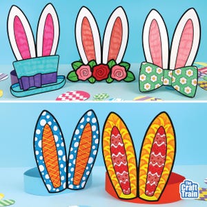 Könnte beinhalten: Bunte Osterhasen-Ohren-Stirnbänder mit verschiedenen Designs. Ein Paar hat einen blauen Zylinder, ein anderes rote Rosen und ein drittes eine grüne Fliege. Die untere Reihe zeigt gemusterte Ohren mit blau-orangen und gelb-roten Designs.
