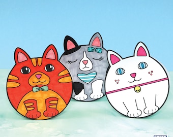 May include: Three colorful, cartoon cat illustrations. One is orange with a bow tie, another is gray with a blue bow, and the third is white with a pink collar. The background is a light blue.