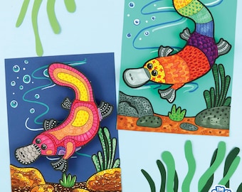 May include: Two colorful platypus illustrations on blue backgrounds. One is pink and yellow, the other is orange and purple. Both have detailed patterns and are surrounded by drawn water elements and plants. The Craft Train logo is in the bottom right corner.