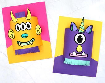May include: Two papercraft monster puppets with colorful details. The first monster is yellow with three eyes, a purple fringe, and a pink background. The second monster is purple with one eye, a yellow horn, and a blue fringe. The background is yellow. "Super Fun Printables" is written at the bottom of the image.