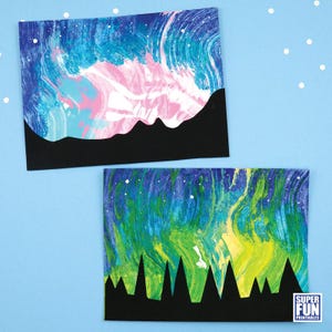 May include: Two black paper cards with a silhouette of mountains and trees against a colourful background. The top card has a pink, blue, and white background with white stars. The bottom card has a green, blue, and yellow background with white stars. The text "SUPER FUN PRINTABLES" is in the bottom right corner of the image.