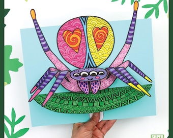 May include: A colorful, whimsical paper spider craft with a light blue background. The spider features a pink and yellow head with heart-shaped designs, purple and yellow legs, and a green leaf base. The text "SUPER FUN PRINTABLES" is visible.