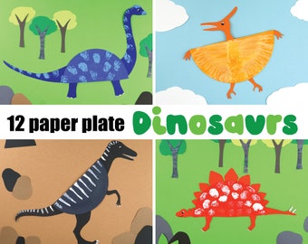 May include: A set of 12 paper plate dinosaur craft templates. The image shows four different dinosaurs: a blue brachiosaurus, an orange pterodactyl, a black and white velociraptor, and a red stegosaurus.
