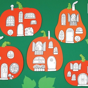 May include: Four printable pumpkin house templates with black outlines on an orange background. Each house has a different window and door design. The houses are perfect for a fall craft project.