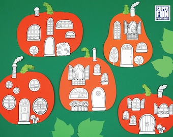 May include: Four printable pumpkin house templates with black outlines on an orange background. Each house has a different window and door design. The houses are perfect for a fall craft project.