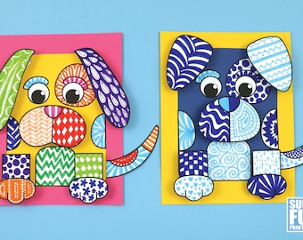 May include: Two colorful paper dog crafts with patterned designs. The dog on the left is yellow with orange, red, green, and blue patterns. The dog on the right is blue with white, black, and blue patterns. Both dogs have black outlines and white eyes.