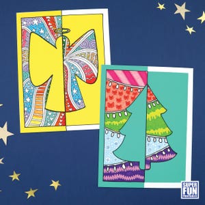Può includere: Due biglietti di Natale stampabili con un angelo colorato e un albero di Natale. L'angelo è contornato di nero e ha un'aureola. L'albero di Natale è contornato di nero e ha una stella in cima. Entrambe le carte hanno uno sfondo colorato e con motivi.