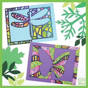 May include: Two colorful paper cutouts featuring insect designs. One is a dragonfly with blue and multi-colored wings, the other a butterfly with purple and multi-colored wings. Both are framed with black borders and surrounded by green foliage.