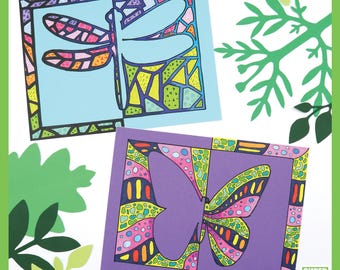 May include: Two colorful paper cutouts featuring insect designs. One is a dragonfly with blue and multi-colored wings, the other a butterfly with purple and multi-colored wings. Both are framed with black borders and surrounded by green foliage.