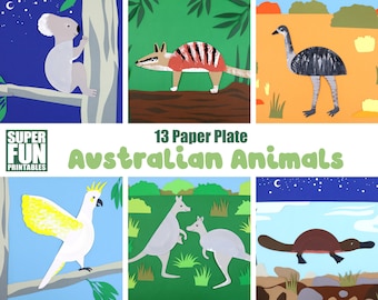 May include: A set of 13 paper plate Australian animal craft templates. The templates include a koala, echidna, emu, cockatoo, kangaroo, and platypus. The templates are printed on white paper and are ready to be cut out and assembled.