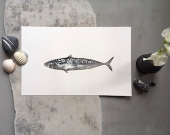 Cardigan Bay Mackerel, original two colour relief collagraph by printmaker Marian Haf