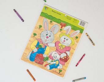 BUNNY FAMILY Carrot Patch / Color Guild Press Picture Puzzle / Chip Board Tray Puzzle / Ages 3 to 7 / S. Schneck Illustration / Vintage 1988