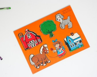 OUR FARM YARD / 6 Piece Pre-School Wooden Particle Board Tray Puzzle / Connor Toy / Barn / Tree / Lamb / Pony / House / Girl / Vintage 1980s