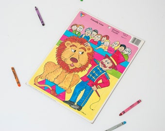 FRIENDLY LION / Color Guild Press Picture Puzzle / Chip Board Tray Puzzle / Ages 3 to 7 / S. Schneck Illustration / Vintage 1988