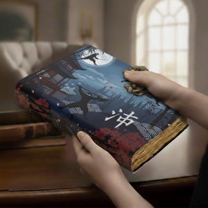 Op de afbeelding: Een decoratief boek met een ninja-thema. De omslag toont een nachtscène met een volle maan, ninja-figuren en Japanse tekst. Het boek heeft een messing sluiting en verouderde pagina's.