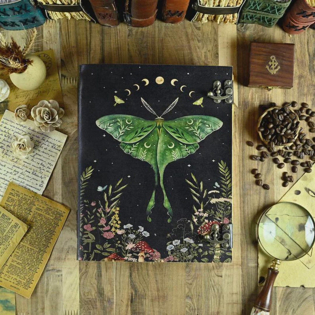 Phases of Luna Moth & Moon Leather Grimoire Journal With Lock ...
