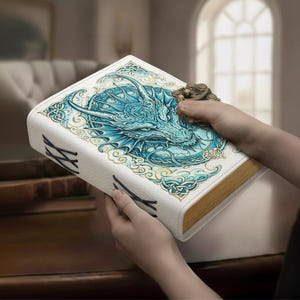 May include: A white leather-bound book featuring a detailed blue dragon illustration on the cover, with Celtic knotwork. The book has gold-coloured edges and a metal clasp. The spine is stitched with black thread.