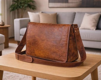 Bolso bandolera de cuero hecho a mano para hombre – Bolso bandolera marrón vintage, bolso de hombro rústico, bolso pequeño para portátil, regalo de viaje