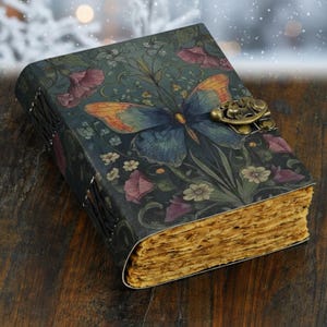 Könnte beinhalten: Ein Tagebuch im Vintage-Stil mit einem Schmetterlings- und Blumendesign. Das Cover zeigt einen blauen und orangefarbenen Schmetterling mit rosa und weißen Blumen auf dunklem grünem Hintergrund. Das Tagebuch hat einen Metallverschluss und gealterte Papierseiten.