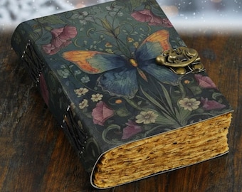 Vintage Butterfly Journal – Floral Leather Notebook with Lock, Cottagecore Diary, Botanical Nature Journal, Antique Style Writing Notebook