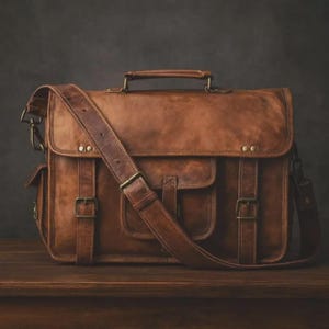 Könnte beinhalten: Eine braune Ledertasche mit Schulterriemen und Tragegriff. Die Tasche hat zwei Vordertaschen mit Schnallen und einen Klappenverschluss. Das Leder hat einen Used-Look, und die Beschläge sind messingfarben.