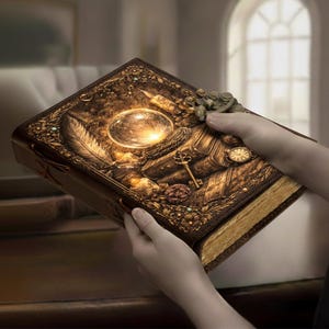 May include: A brown, intricately designed book with embossed details, including a feather, key, and clock. The cover features a glowing orb and floral accents. The book is held open, showcasing the detailed craftsmanship and golden-colored pages.