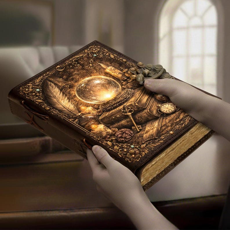 May include: A brown, intricately designed book with embossed details, including a feather, key, and clock. The cover features a glowing orb and floral accents. The book is held open, showcasing the detailed craftsmanship and golden-colored pages.