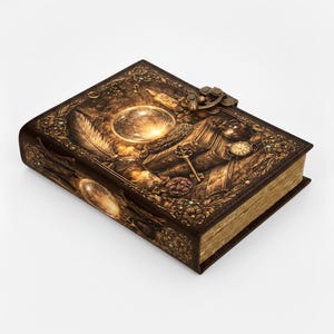 May include: A brown leather-bound journal with intricate embossed designs. The cover features a crystal ball, key, clock, and feather, with a metal clasp. The edges of the pages are gold-toned, and the overall aesthetic is vintage and ornate.