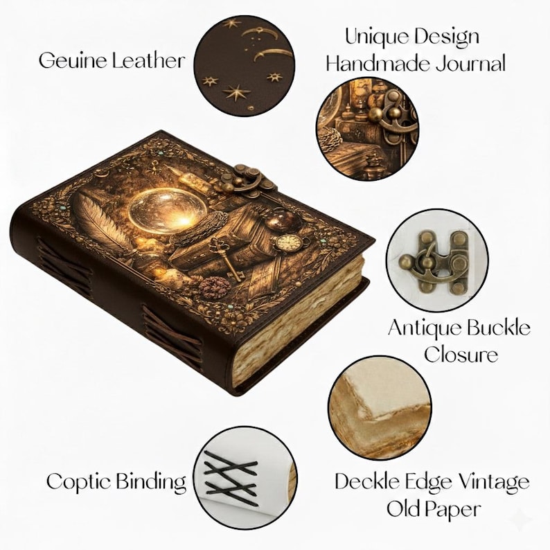May include: A brown leather journal with an antique buckle closure and Coptic binding. The cover features a unique design with a key, clock, and a glowing orb. The journal has deckle edge vintage old paper and the text "Genuine Leather" and "Unique Design Handmade Journal".