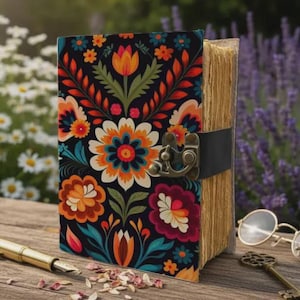 Könnte beinhalten: Ein dekoratives Notizbuch mit einem farbenfrohen Blumenmuster auf schwarzem Hintergrund. Das Notizbuch hat einen Metallverschluss und einen schwarzen Lederriemen. Ein goldener Stift, eine Brille und ein Schlüssel liegen auf der Holzoberfläche.