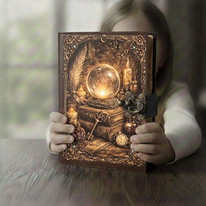 May include: A brown leather-bound journal with an embossed design featuring a crystal ball, candles, and a key. The journal has a decorative clasp and is held by a person. The overall theme is fantasy and magic.