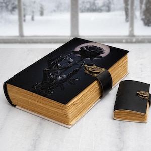 Black Rose Gothic Journal with Lock, Dark Academia Notebook, Vintage Leather Diary, Moon Aesthetic Sketchbook, Elegant Gothic Gift image 3