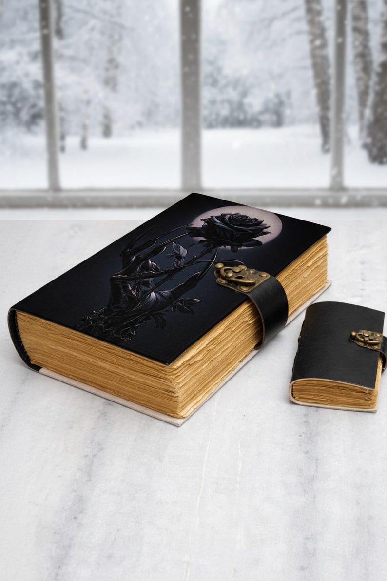 Black Rose Gothic Journal with Lock, Dark Academia Notebook, Vintage Leather Diary, Moon Aesthetic Sketchbook, Elegant Gothic Gift image 3