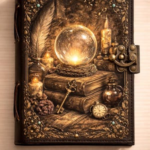 May include: A detailed, leather-bound journal with a decorative brass clasp. The cover features ornate gold embellishments, a feather, and a glowing crystal ball atop stacked books. A vintage key and pocket watch add to the antique aesthetic.