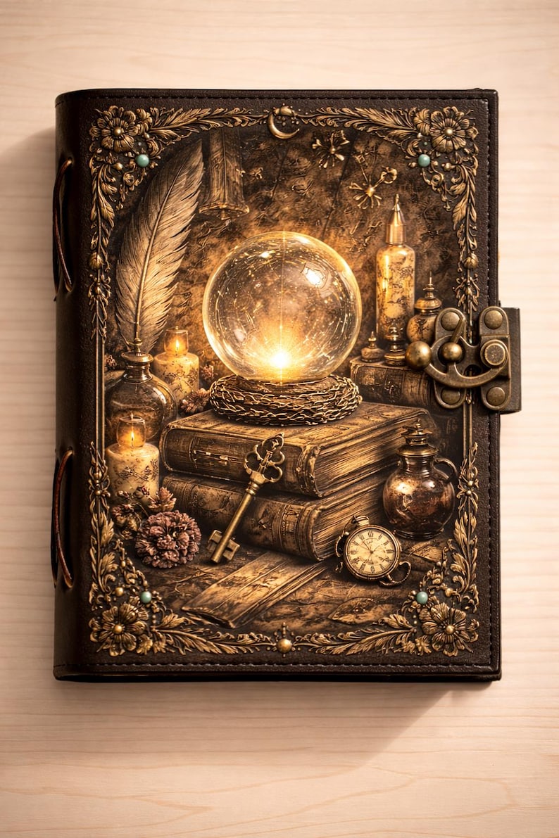 May include: A detailed, leather-bound journal with a decorative brass clasp. The cover features ornate gold embellishments, a feather, and a glowing crystal ball atop stacked books. A vintage key and pocket watch add to the antique aesthetic.