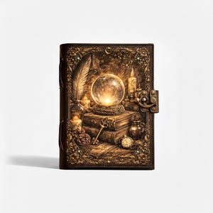 May include: A brown leather-bound journal with a detailed, embossed design. The cover features a crystal ball, candles, books, and a key. The journal has a clasp closure and decorative floral accents, creating a vintage, mystical aesthetic.