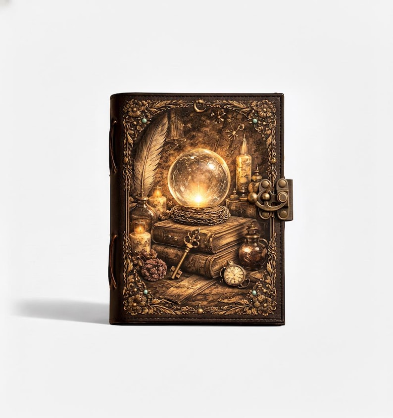 May include: A brown leather-bound journal with a detailed, embossed design. The cover features a crystal ball, candles, books, and a key. The journal has a clasp closure and decorative floral accents, creating a vintage, mystical aesthetic.