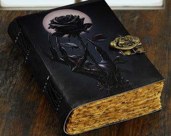 Black Rose Gothic Journal with Lock, Dark Academia Notebook, Vintage Leather Diary, Moon Aesthetic Sketchbook, Elegant Gothic Gift