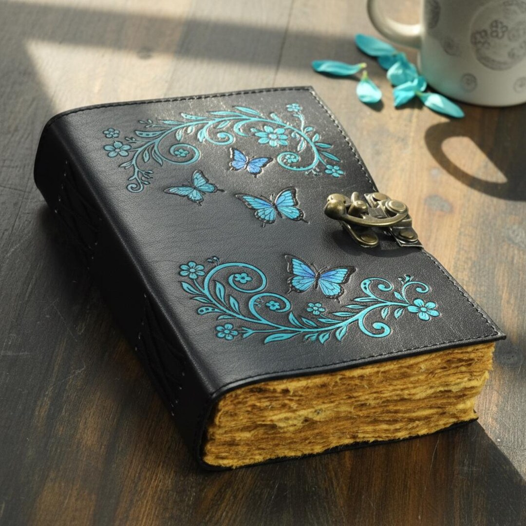 Vintage Butterfly Journal – Black Leather Notebook With Lock, Floral ...