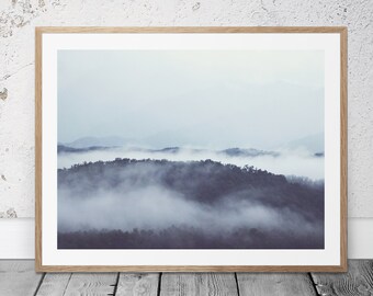 Printable Art, Mountain Photography, Mountain Art, Mountain Fog, Trees, Nature Art, Mist, Grey