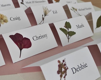 Personalized, custom, handmade Christmas Place Cards with Pressed Real Flowers. Wildflowers name cards