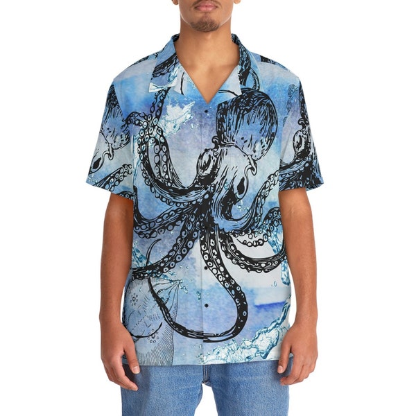 Button down shirt octopus , Men Short Sleeve shirt, Hawaiian Shirt, Hawaii Style, Honeymoon Shirt, Hawaii shirt, Hawaiian Shirt