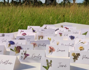 Tarjetas de lugar de flores prensadas hechas a mano con flores REALES, tarjetas de mesa de boda para bodas de flores, ajustes de lugar, tarjetas de nombre, envío exprés