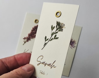 Personalized, handmade Wedding Place Cards with real pressed flowers. Flower wedding