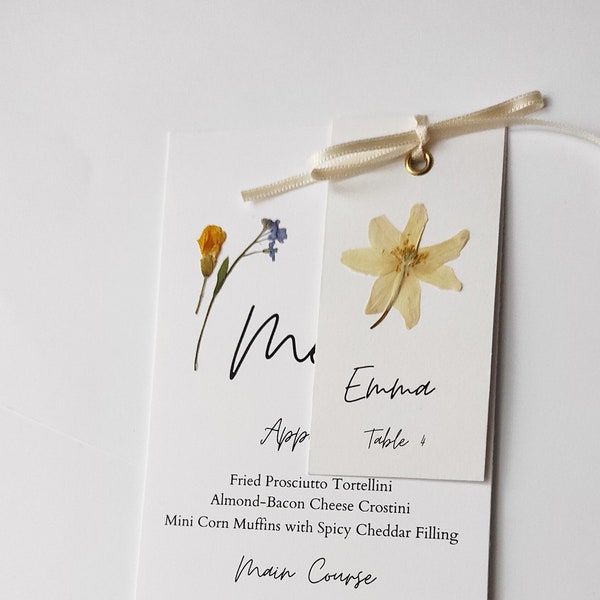 PRINTED Wedding Menu and place card with real pressed flowers, Guest menu, Flowers Wedding table decor, Nature inspired decor. Handmade.